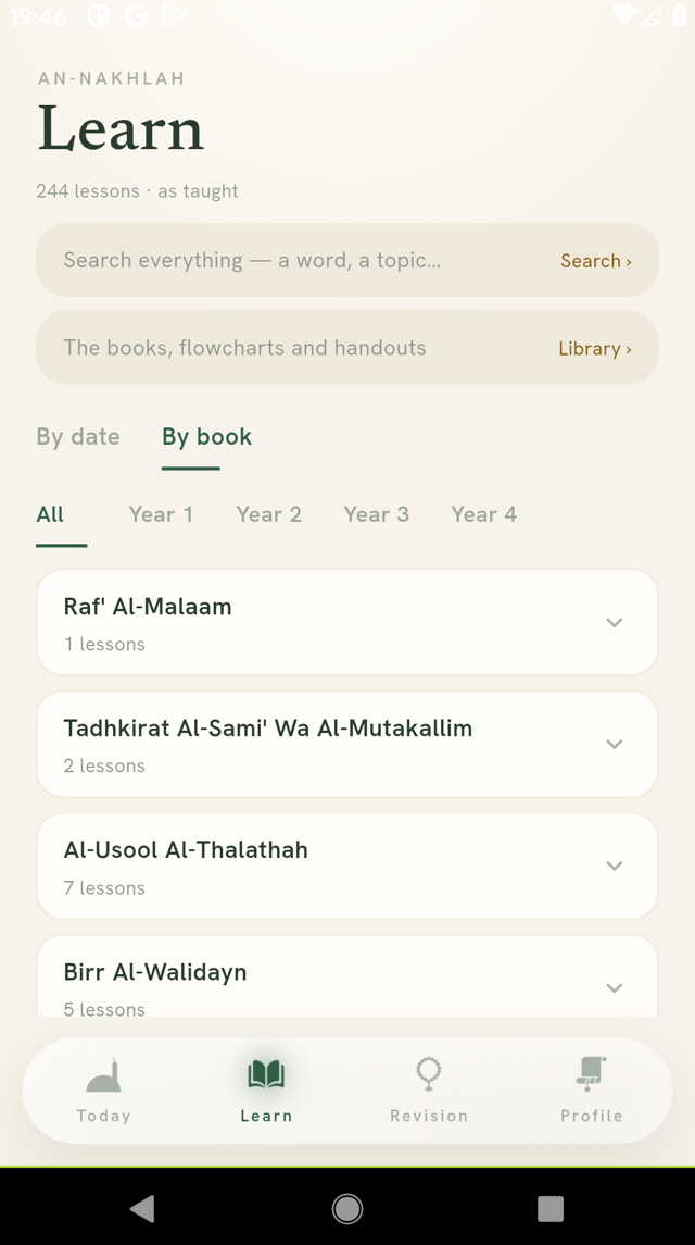 Learn screen — lessons by book and year