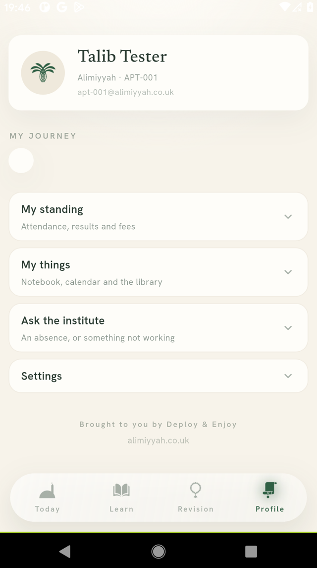 Profile screen — attendance, results and fees